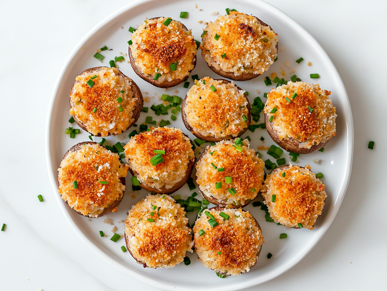A white plate filled with golden brown stuffed mushrooms, generously packed with a creamy mixture of Italian sausage, cream cheese, garlic, and herbs. The tops are crisped with melted parmesan cheese and crunchy panko breadcrumbs. The plate sits on a white marble countertop, with fresh parsley and chopped chives sprinkled for garnish.