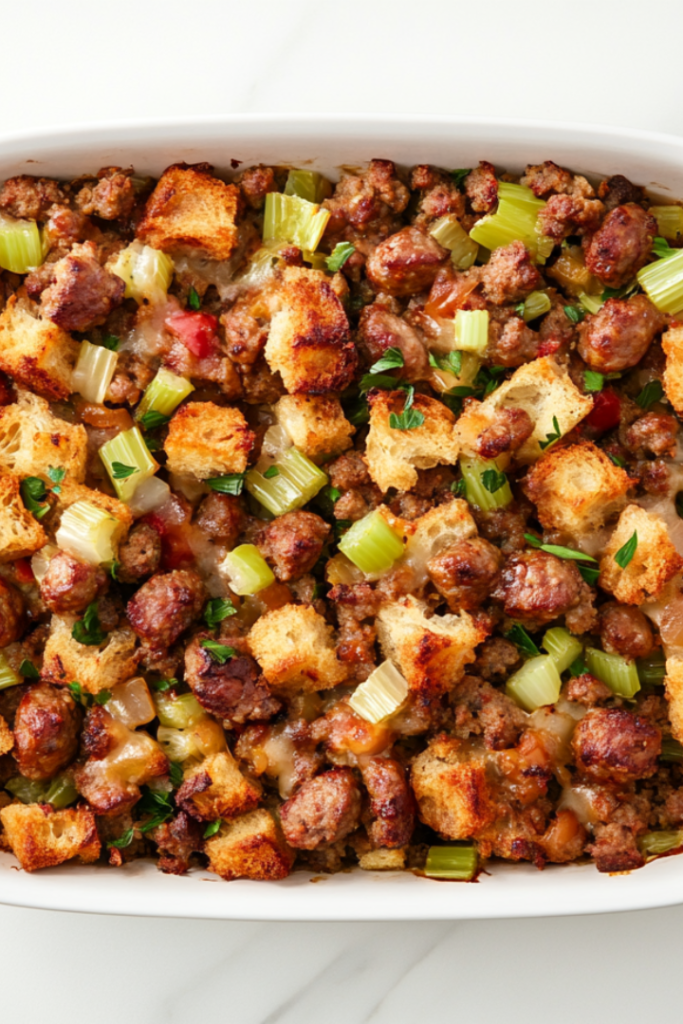 A freshly baked homemade sausage and bread stuffing in a casserole dish with a golden-brown, crispy top. The stuffing is filled with flavorful browned sausage, tender sautéed vegetables, and perfectly seasoned bread cubes, making it a delicious and comforting side dish for any holiday or family meal.