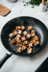 A top-down view of chopped cabbage sautéing in a black skillet on a white marble countertop. The cabbage is cooking with a pinch of salt, with a spatula in the skillet stirring it. The minimal background focuses on the cooking vegetables, capturing the natural textures and vibrant color of the sautéed cabbage.