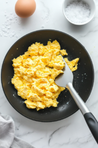 A black non-stick skillet on a white marble countertop holds fluffy scrambled eggs being gently stirred with a silicone spatula. The eggs are soft, slightly glossy, and evenly cooked. A small pinch of salt and pepper is sprinkled on top, enhancing the flavor. A small white bowl with cracked eggs sits nearby.
