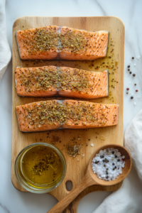 The salmon fillets are seasoned with a blend of olive oil, Italian seasoning, kosher salt, and cracked black pepper, ready for cooking in the skillet. This step ensures the fish is flavorful and prepared for the next stage of cooking.