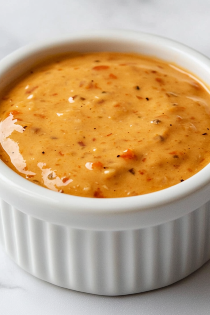 A delicious homemade creamy burger sauce presented in a small white ceramic bowl, placed neatly on a clean white marble countertop. The sauce is light orange in color with visible specks of relish and spices. It's thick, smooth, and ideal for spreading over burgers, dipping fries, or using in sandwiches. The background is minimalist and highlights the freshness and richness of the sauce.