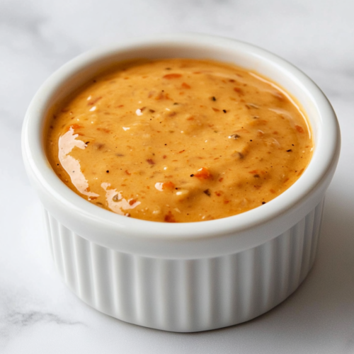 A delicious homemade creamy burger sauce presented in a small white ceramic bowl, placed neatly on a clean white marble countertop. The sauce is light orange in color with visible specks of relish and spices. It's thick, smooth, and ideal for spreading over burgers, dipping fries, or using in sandwiches. The background is minimalist and highlights the freshness and richness of the sauce.