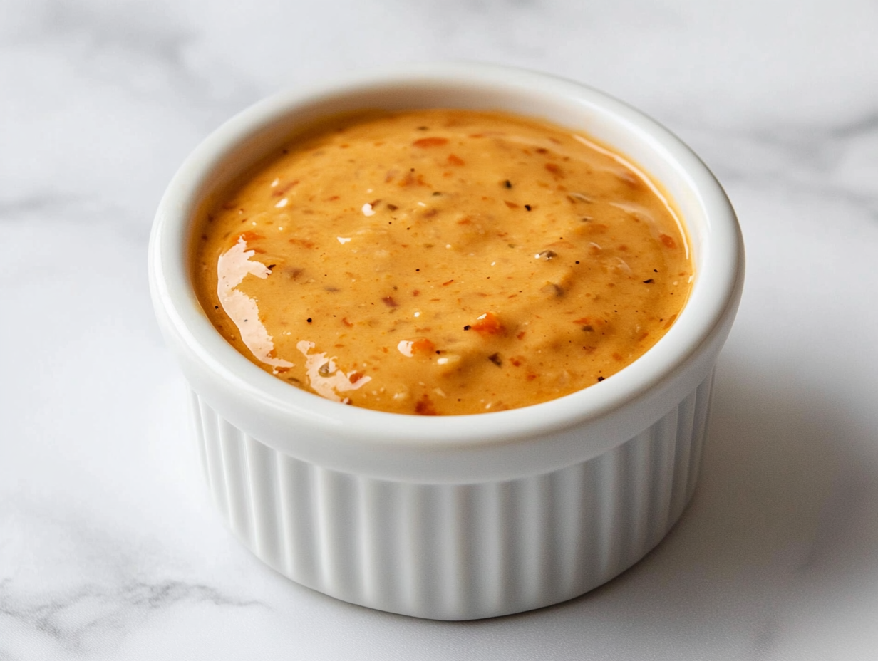 A delicious homemade creamy burger sauce presented in a small white ceramic bowl, placed neatly on a clean white marble countertop. The sauce is light orange in color with visible specks of relish and spices. It's thick, smooth, and ideal for spreading over burgers, dipping fries, or using in sandwiches. The background is minimalist and highlights the freshness and richness of the sauce.
