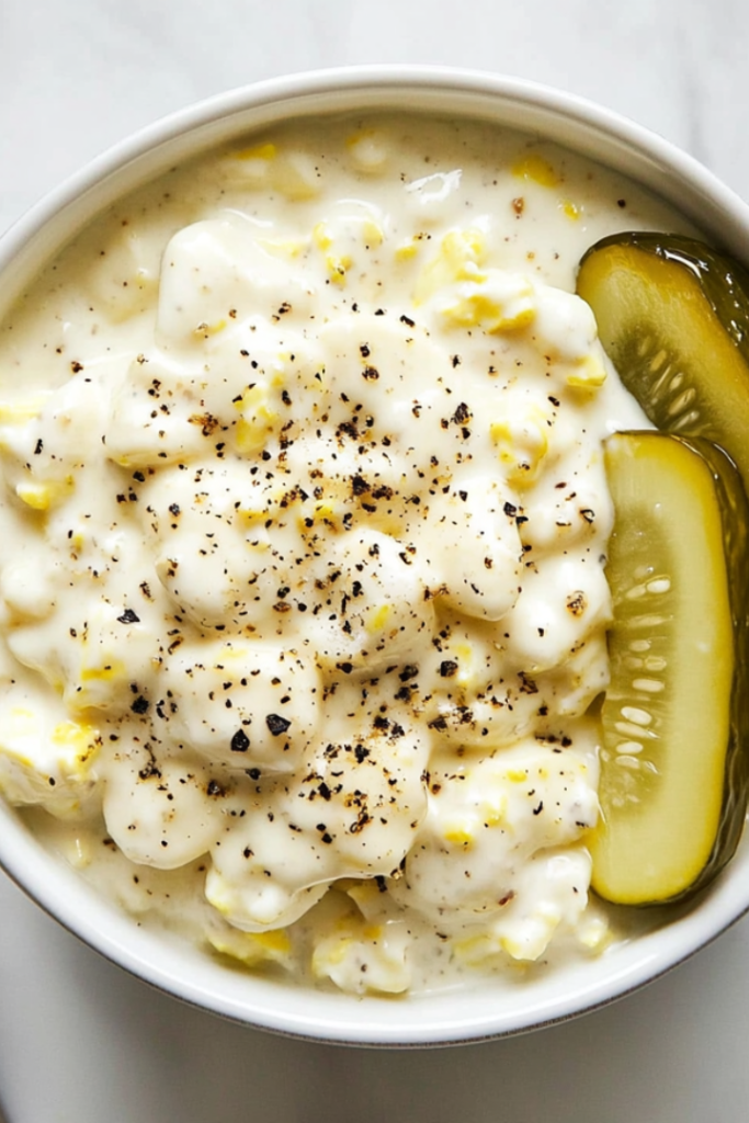 A delicious bowl of Southern-style egg salad is beautifully presented in a white ceramic bowl placed on a white marble countertop. The creamy texture of the egg salad is visible with specks of yellow mustard, relish, and black pepper. The setup is clean, minimal, and perfect for showcasing a comforting and protein-rich dish.