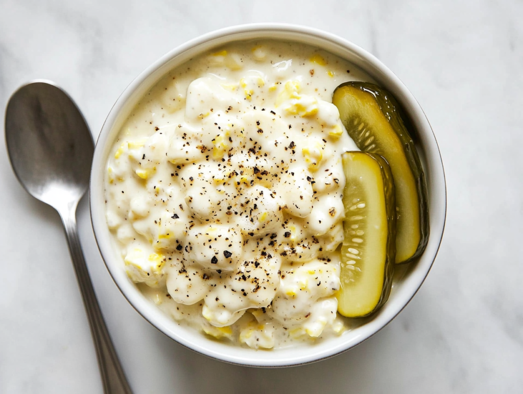 A delicious bowl of Southern-style egg salad is beautifully presented in a white ceramic bowl placed on a white marble countertop. The creamy texture of the egg salad is visible with specks of yellow mustard, relish, and black pepper. The setup is clean, minimal, and perfect for showcasing a comforting and protein-rich dish.