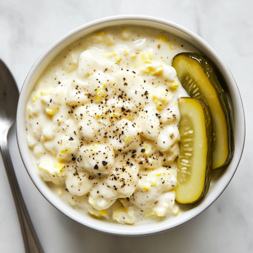 A delicious bowl of Southern-style egg salad is beautifully presented in a white ceramic bowl placed on a white marble countertop. The creamy texture of the egg salad is visible with specks of yellow mustard, relish, and black pepper. The setup is clean, minimal, and perfect for showcasing a comforting and protein-rich dish.