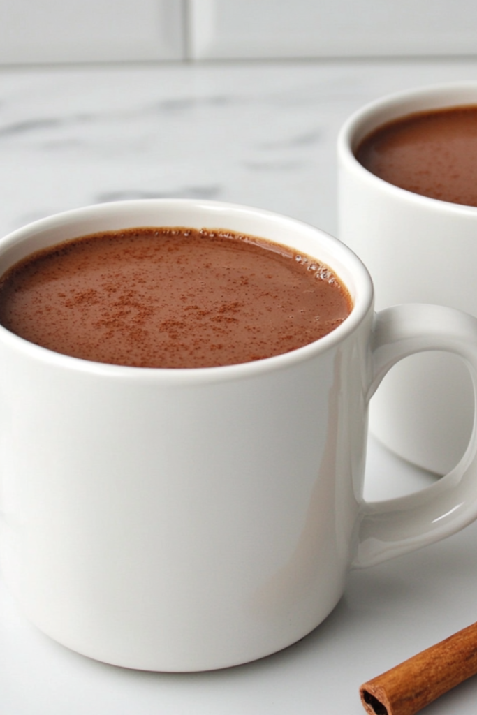Top-down view of two white mugs filled with rich, creamy spiced hot chocolate, served on a white marble countertop. The hot chocolate has a deep brown color with a silky surface, garnished with a cinnamon stick resting on the mug rim. The setup is clean and elegant, capturing the cozy warmth of this homemade drink, ideal for winter evenings.