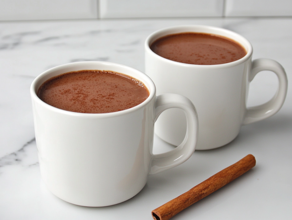 Top-down view of two white mugs filled with rich, creamy spiced hot chocolate, served on a white marble countertop. The hot chocolate has a deep brown color with a silky surface, garnished with a cinnamon stick resting on the mug rim. The setup is clean and elegant, capturing the cozy warmth of this homemade drink, ideal for winter evenings.