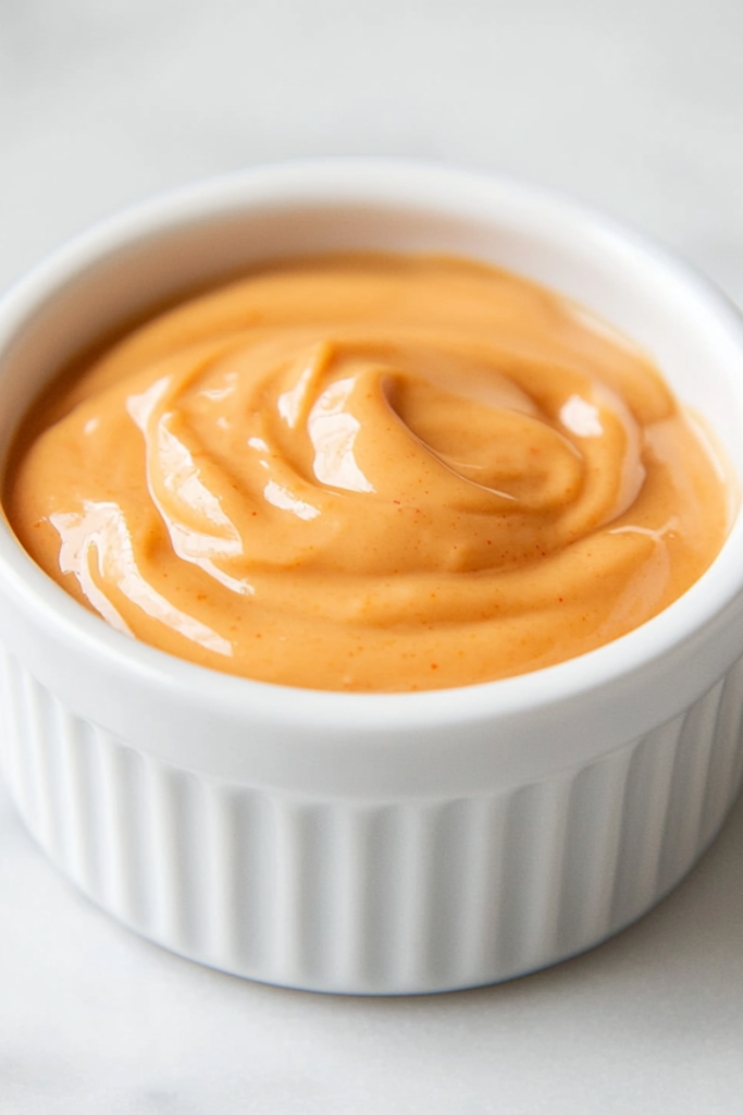Top-down view of a white ceramic ramekin filled with smooth and creamy spicy mayo sauce placed on a clean white marble countertop. The sauce has a light orange tone, showing a rich blend of mayonnaise and Sriracha. The background is minimal, and the setup focuses entirely on the finished spicy mayo ready to serve.