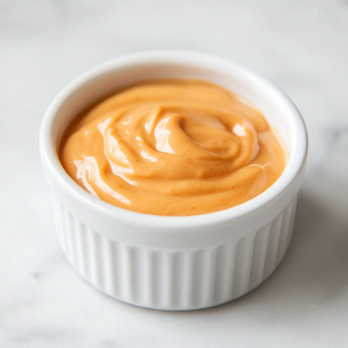 Top-down view of a white ceramic ramekin filled with smooth and creamy spicy mayo sauce placed on a clean white marble countertop. The sauce has a light orange tone, showing a rich blend of mayonnaise and Sriracha. The background is minimal, and the setup focuses entirely on the finished spicy mayo ready to serve.