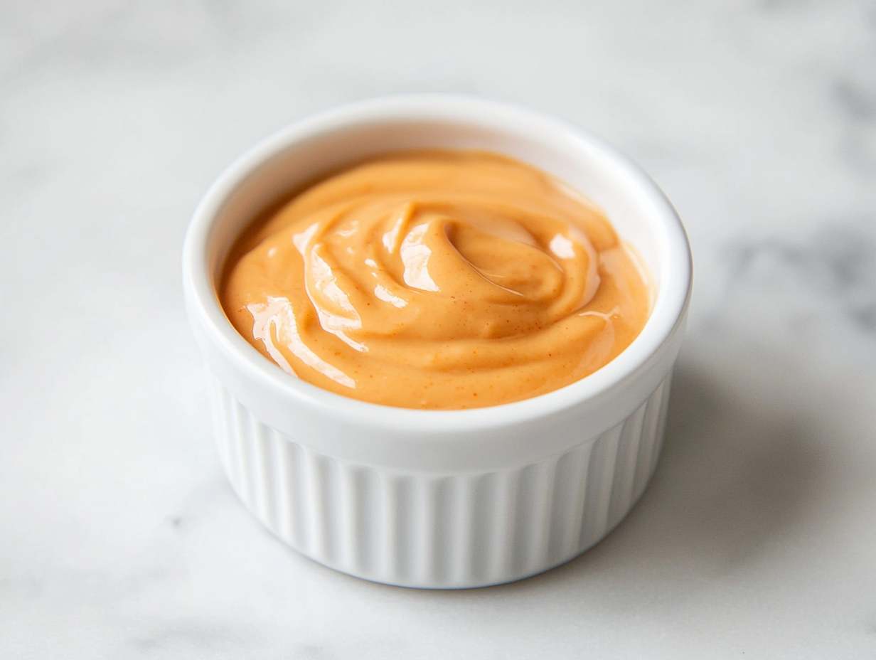Top-down view of a white ceramic ramekin filled with smooth and creamy spicy mayo sauce placed on a clean white marble countertop. The sauce has a light orange tone, showing a rich blend of mayonnaise and Sriracha. The background is minimal, and the setup focuses entirely on the finished spicy mayo ready to serve.