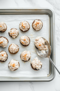 A baking sheet filled with stuffed mushrooms, now topped with a layer of grated parmesan cheese and crispy panko breadcrumbs. A small spoon sprinkles the toppings evenly over each mushroom, ensuring a golden, crunchy finish after baking. The setup is minimal, keeping the focus on the ingredients.