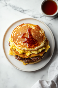Freshly made breakfast pancake sandwiches are neatly stacked on a white ceramic plate, placed on a white marble countertop. One sandwich is individually wrapped in parchment paper, showing a meal-prep option for freezing. These sandwiches are perfect for a quick grab-and-go breakfast, warm and ready to eat.