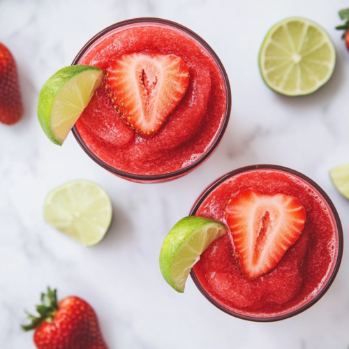 A refreshing frozen strawberry vodka slush served in elegant chilled glasses. The vibrant red drink has a smooth, slushy texture and is garnished with fresh strawberries and lime slices. The perfect summer cocktail, this drink looks both delicious and visually stunning, ready to be enjoyed immediately.