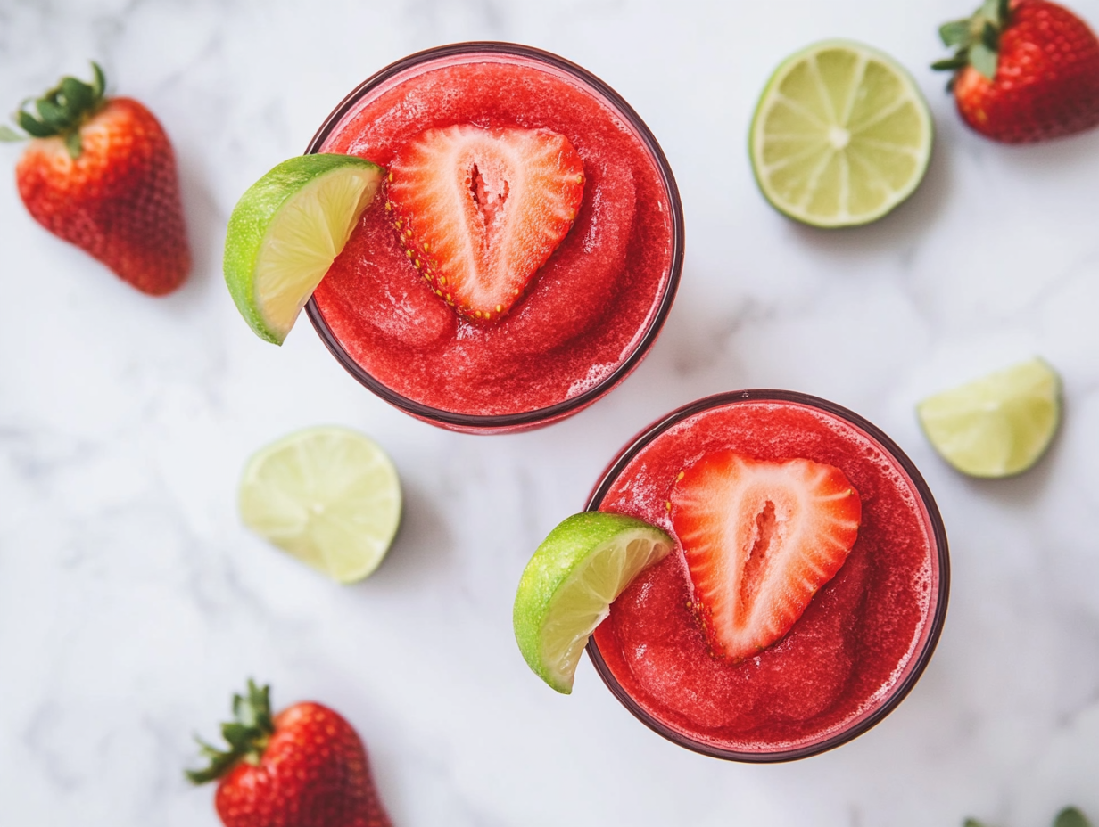 A refreshing frozen strawberry vodka slush served in elegant chilled glasses. The vibrant red drink has a smooth, slushy texture and is garnished with fresh strawberries and lime slices. The perfect summer cocktail, this drink looks both delicious and visually stunning, ready to be enjoyed immediately.