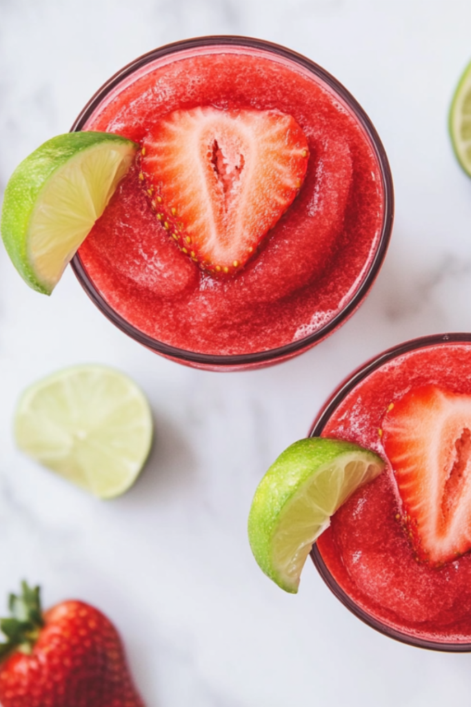 A refreshing frozen strawberry vodka slush served in elegant chilled glasses. The vibrant red drink has a smooth, slushy texture and is garnished with fresh strawberries and lime slices. The perfect summer cocktail, this drink looks both delicious and visually stunning, ready to be enjoyed immediately.