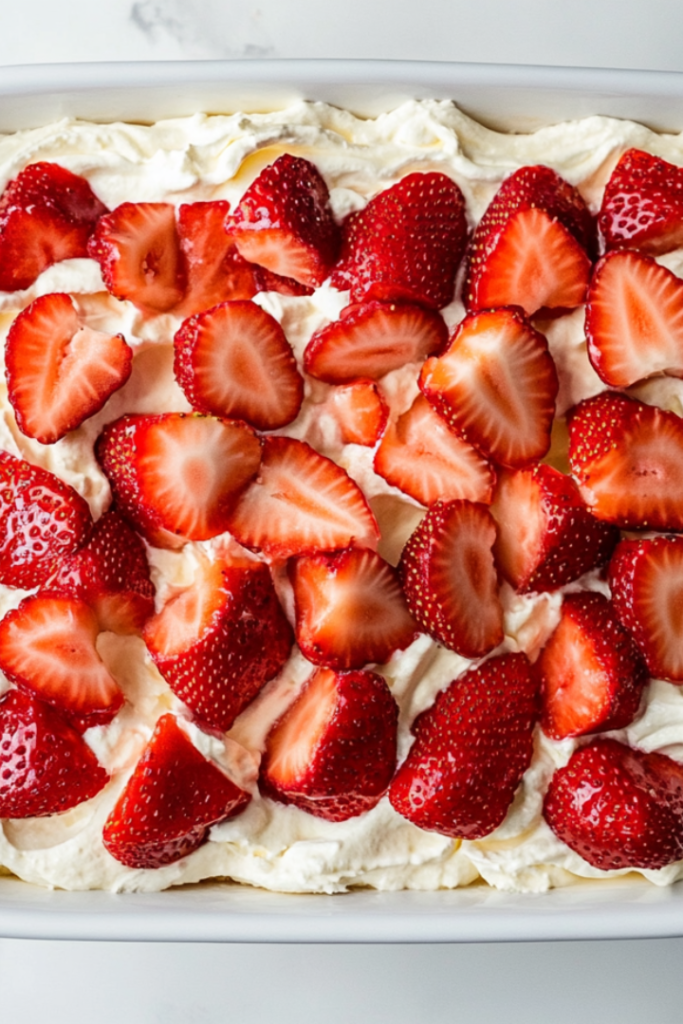 A beautifully layered strawberry cream cheese angel food cake dessert served in a glass dish. The fluffy cream cheese mixture is spread evenly over soft angel food cake pieces, topped with vibrant red strawberry slices. The dessert looks creamy, refreshing, and perfect for a light yet indulgent treat.