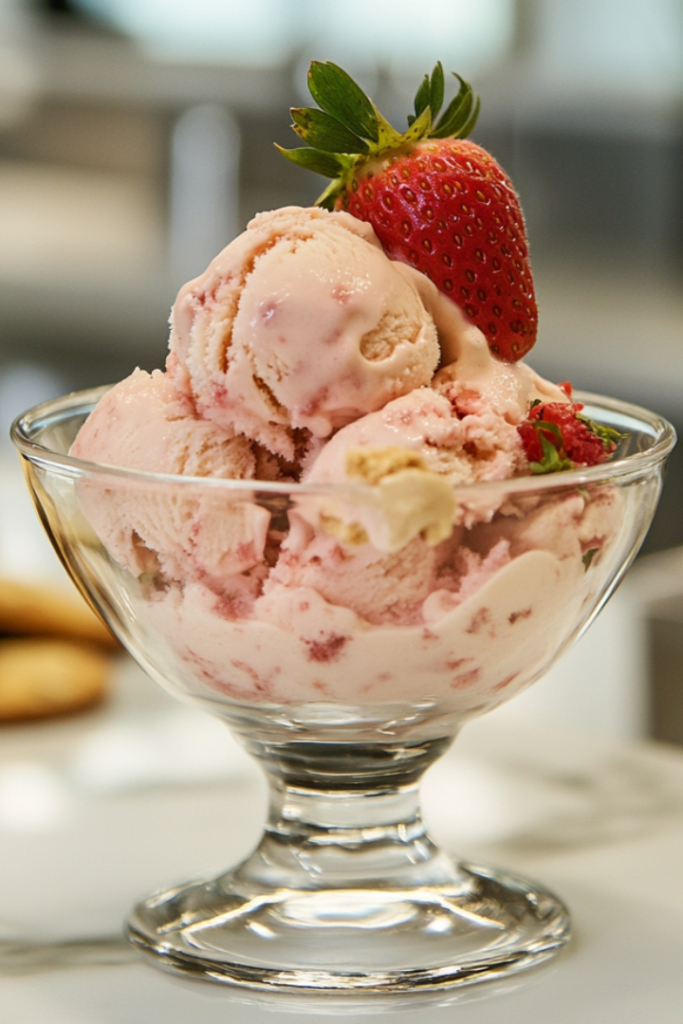 A scoop of homemade strawberry ice cream served in a small glass bowl over the white marble cooktop, topped with a fresh strawberry and a side of cookies.