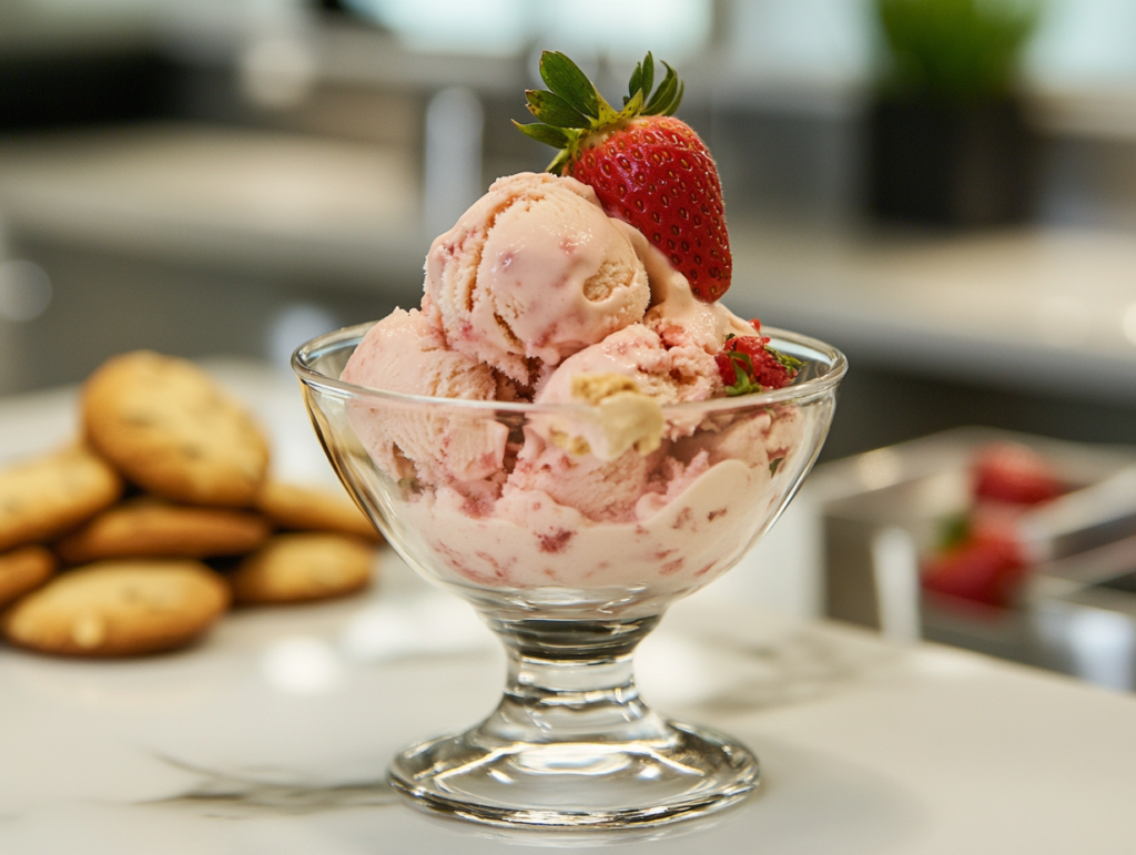 A scoop of homemade strawberry ice cream served in a small glass bowl over the white marble cooktop, topped with a fresh strawberry and a side of cookies.