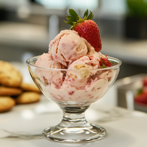 A scoop of homemade strawberry ice cream served in a small glass bowl over the white marble cooktop, topped with a fresh strawberry and a side of cookies.
