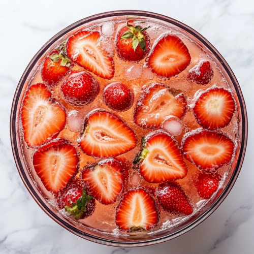 A vibrant and refreshing strawberry punch served in a large punch bowl, with chilled Sprite and club soda, garnished with fresh strawberry slices and mint leaves. The fizzy drink looks inviting and perfect for a summer party or celebration.