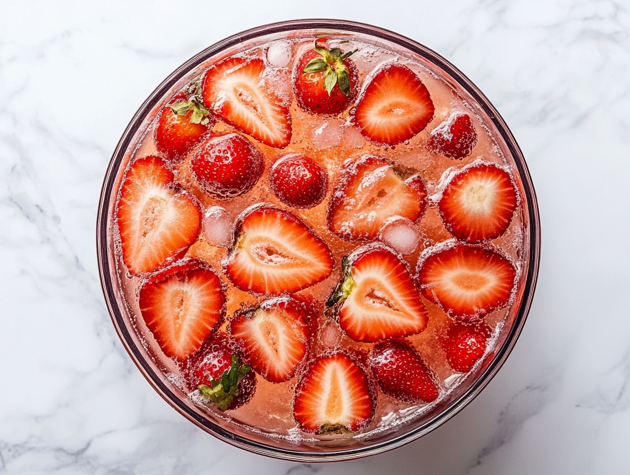 A vibrant and refreshing strawberry punch served in a large punch bowl, with chilled Sprite and club soda, garnished with fresh strawberry slices and mint leaves. The fizzy drink looks inviting and perfect for a summer party or celebration.