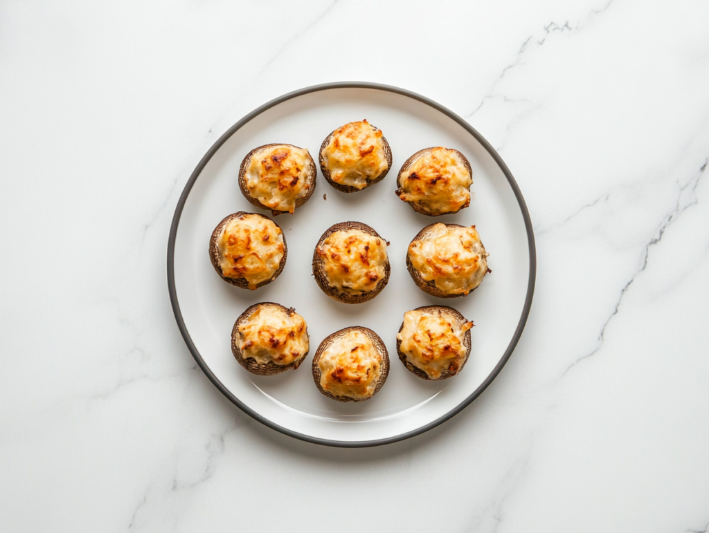 Top-down view of freshly baked stuffed mushrooms beautifully arranged on a white ceramic plate. The mushrooms are golden brown, bubbling with a creamy cheese filling made from cream cheese, garlic, and Parmesan. The mushrooms sit over a white marble countertop with a minimal, clean background, emphasizing their rich, comforting texture and flavor.