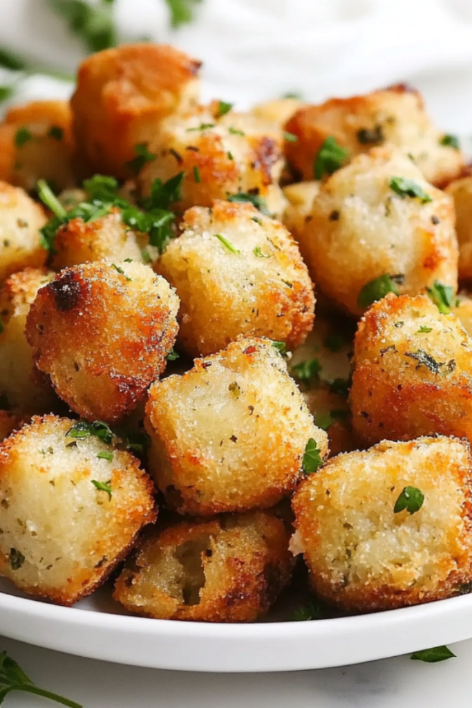 A top-down view of golden brown baked stuffing balls arranged neatly on a white ceramic plate. The crispy exterior contrasts with the soft interior, and freshly chopped parsley is sprinkled on top. The plate is set on a clean white marble countertop, creating a simple yet inviting presentation of this delicious dish.