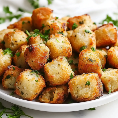 A top-down view of golden brown baked stuffing balls arranged neatly on a white ceramic plate. The crispy exterior contrasts with the soft interior, and freshly chopped parsley is sprinkled on top. The plate is set on a clean white marble countertop, creating a simple yet inviting presentation of this delicious dish.