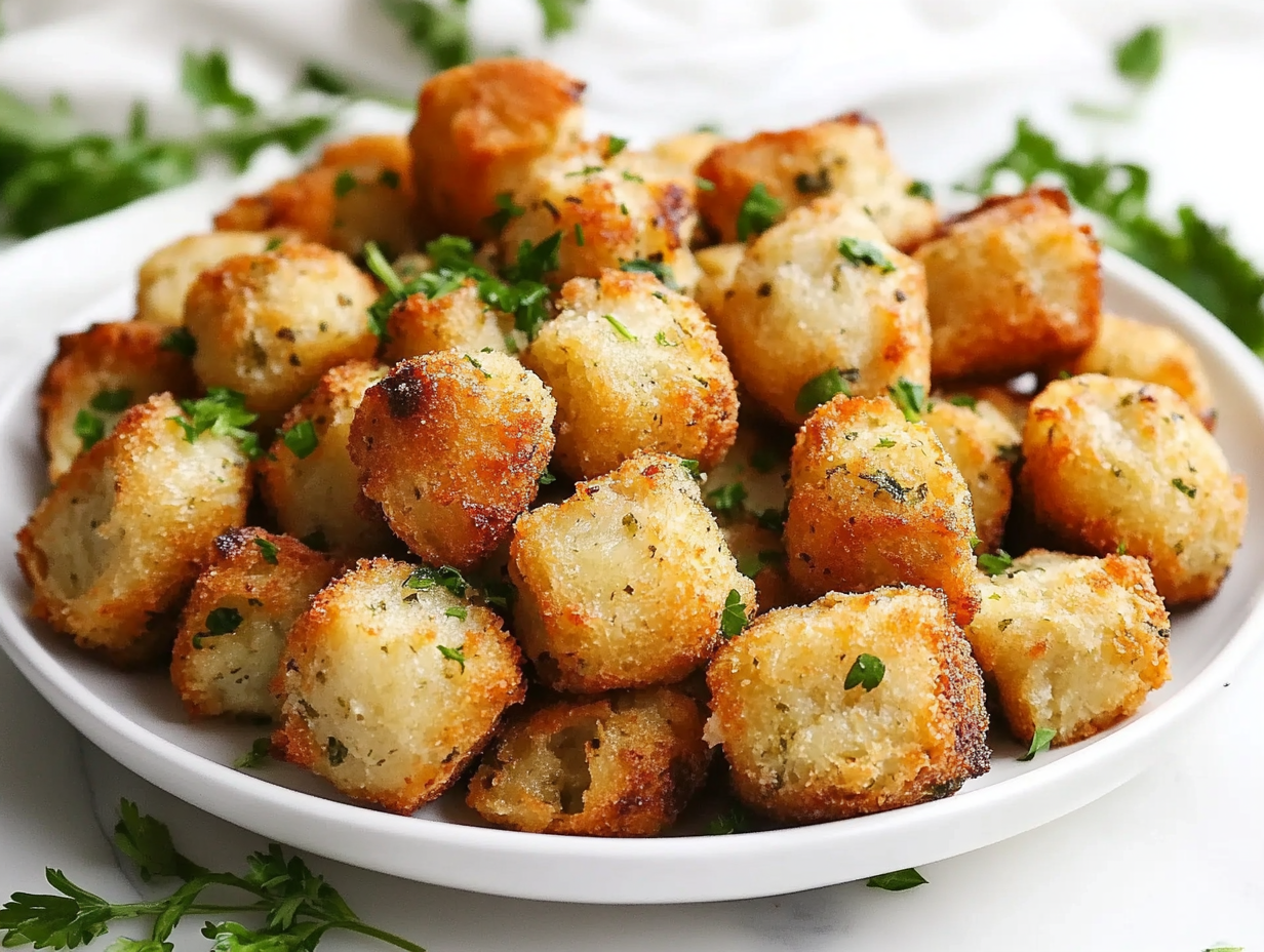 A top-down view of golden brown baked stuffing balls arranged neatly on a white ceramic plate. The crispy exterior contrasts with the soft interior, and freshly chopped parsley is sprinkled on top. The plate is set on a clean white marble countertop, creating a simple yet inviting presentation of this delicious dish.