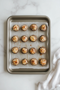 Hollowed-out mushroom caps are placed on a parchment-lined baking sheet, each generously filled with a creamy sausage and cheese mixture. A small spoon is being used to scoop and press the filling neatly inside each mushroom. The stuffed mushrooms are arranged evenly for a perfectly baked result.