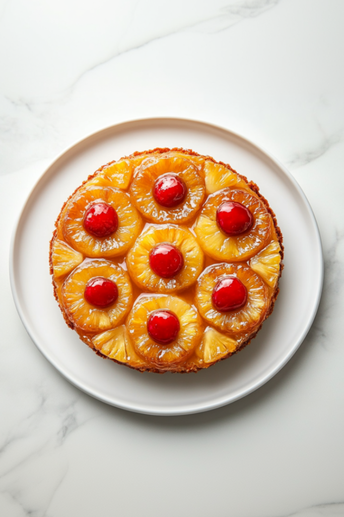 A top-down view of a golden caramel pineapple upside down cake served on a white ceramic plate. The cake has a glossy caramel finish with perfectly arranged pineapple rings and bright red cherries in the center of each. The dessert rests on a clean white marble surface, highlighting the inviting and festive appearance.