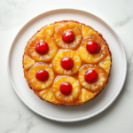 A top-down view of a golden caramel pineapple upside down cake served on a white ceramic plate. The cake has a glossy caramel finish with perfectly arranged pineapple rings and bright red cherries in the center of each. The dessert rests on a clean white marble surface, highlighting the inviting and festive appearance.