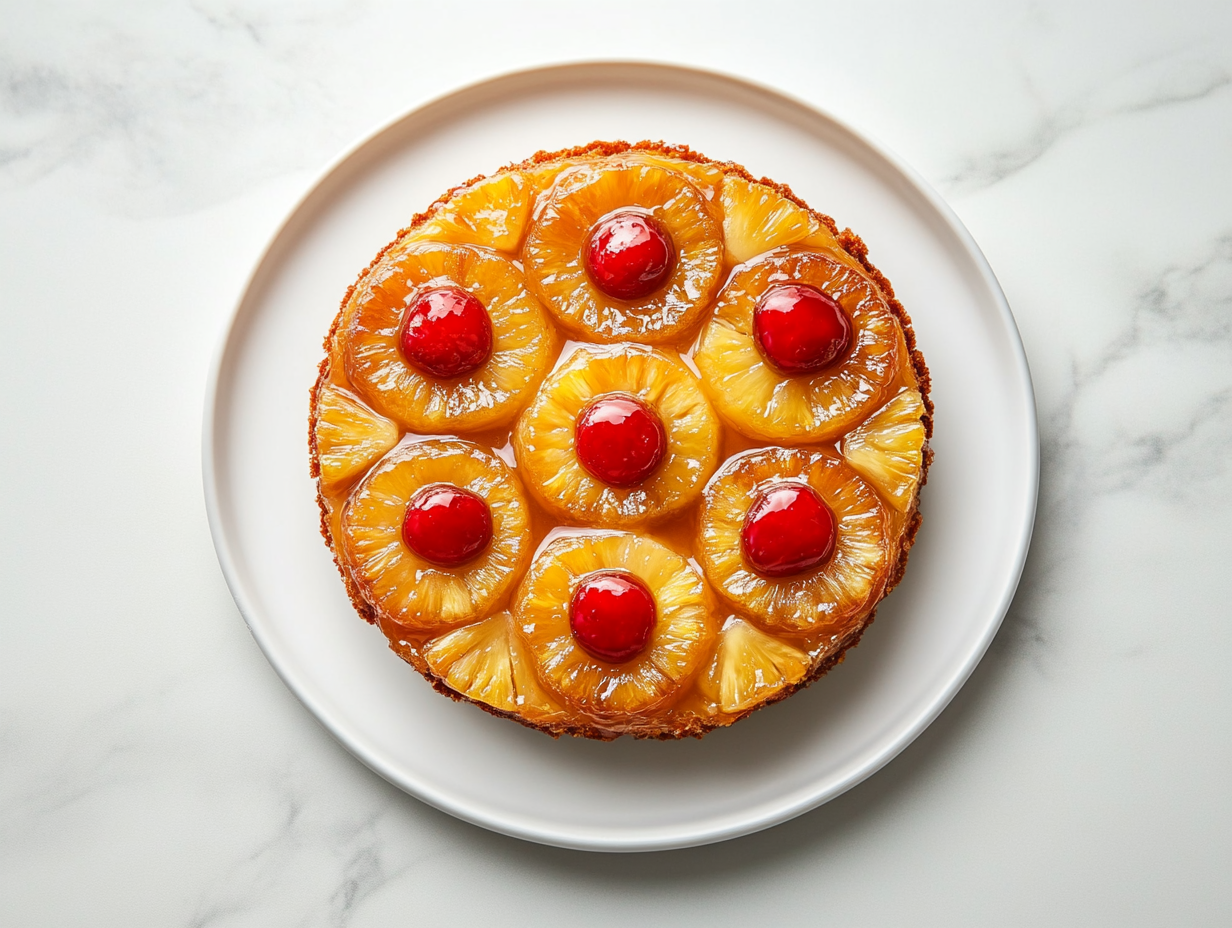 A top-down view of a golden caramel pineapple upside down cake served on a white ceramic plate. The cake has a glossy caramel finish with perfectly arranged pineapple rings and bright red cherries in the center of each. The dessert rests on a clean white marble surface, highlighting the inviting and festive appearance.