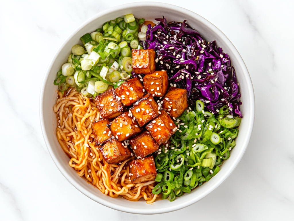 A top-down shot of a bowl of finished ramen, topped with crispy tofu, sautéed vegetables, sesame seeds, and chopped scallions, all served on a white marble countertop. The vibrant colors of the toppings contrast beautifully with the noodles and sauce, showcasing the dish in a simple yet inviting way. The clean setup draws attention to the completed, flavorful dish.