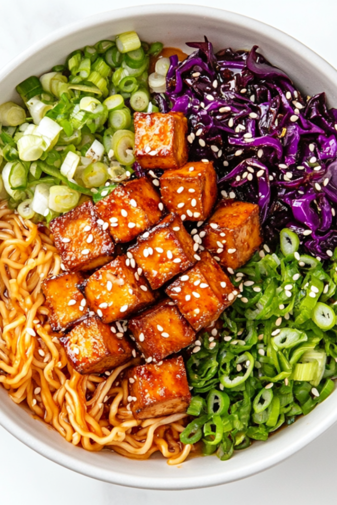 A top-down shot of a bowl of finished ramen, topped with crispy tofu, sautéed vegetables, sesame seeds, and chopped scallions, all served on a white marble countertop. The vibrant colors of the toppings contrast beautifully with the noodles and sauce, showcasing the dish in a simple yet inviting way. The clean setup draws attention to the completed, flavorful dish.