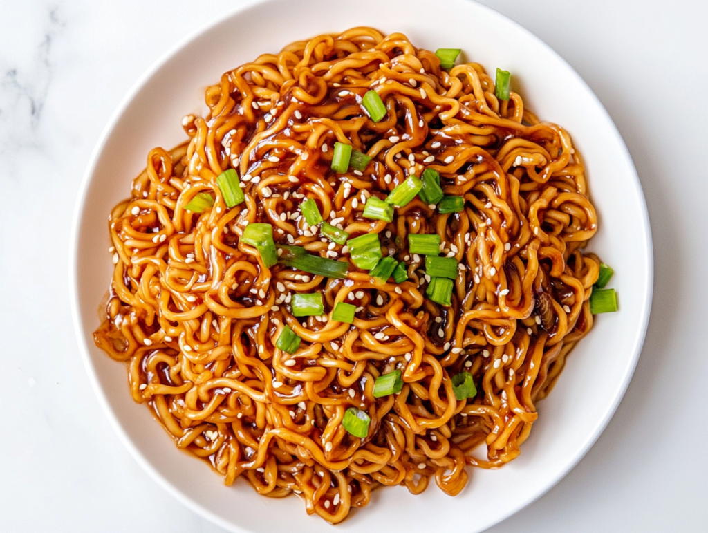 A top-down view of delicious teriyaki noodles served on a white ceramic plate, garnished with chopped green onions and sesame seeds. The noodles are perfectly coated in a glossy teriyaki sauce and look warm, comforting, and flavorful. This simple and quick meal is great for busy weeknights or casual lunches.