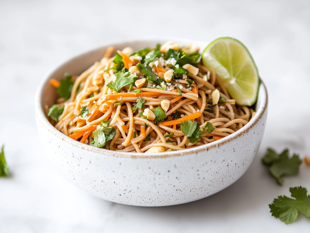 A top-down shot of a chilled soba noodle salad beautifully arranged in a white ceramic bowl, sitting on a clean white marble countertop. The noodles are mixed with finely grated carrots, fresh chopped cilantro, and sprinkled with coarsely chopped salted peanuts. A lime wedge is placed at the side, enhancing the fresh, zesty appearance of this vibrant and healthy salad.