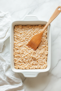 Top-down view of a 9x13-inch baking dish with Rice Krispies mixture, as candy googly eyes are placed on top while the treats are still warm, on a clean white marble countertop.