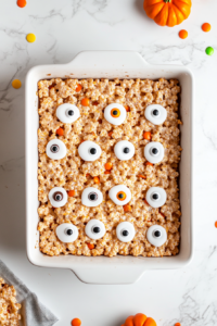Top-down view of a 9x13-inch baking dish with Rice Krispies mixture, as candy googly eyes are placed on top while the treats are still warm, on a clean white marble countertop.