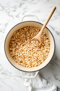 Top-down view of a large pot with the melted marshmallow mixture, where Rice Krispies cereal is being folded in using a wooden spoon, on a white marble countertop.