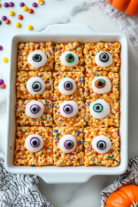 Top-down view of sliced Halloween Rice Krispies treats cut into squares, arranged on a white plate with colorful sprinkles and googly eyes, placed on a white marble countertop.