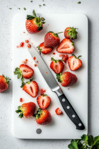 Fresh strawberries are washed, hulled, and sliced, ready for use in the punch. If using frozen strawberries in sugar, they are left to thaw, allowing the sweetness to blend into the drink, providing a natural fruity flavor.