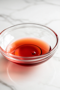 A few drops of red food coloring being added to the strawberry cream mixture in the same glass bowl over the white marble cooktop to enhance the vibrant color.