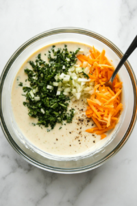 Freshly chopped green cabbage, bright orange shredded carrots, and finely minced yellow onion are being added into a bowl of creamy dressing made from mayonnaise, mustard, sugar, and vinegar. The ingredients are layered inside a clear glass mixing bowl sitting on a clean white marble surface, ready to be mixed for classic coleslaw.