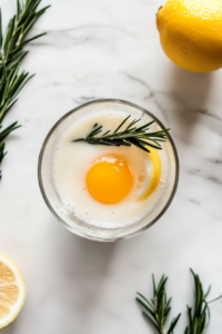 A clear glass cocktail shaker is shown with all ingredients being added: egg white, freshly squeezed lemon juice, rich simple syrup, vibrant red Campari, and a halved sprig of fresh rosemary. The shaker sits atop a white marble countertop. Around the shaker, you can see supporting ingredients like a whole lemon, a bottle of Campari, and a small bowl of syrup, creating a clean, professional mise en place scene.