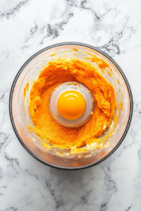 Eggs are being added one at a time into the carrot mixture inside the food processor. Each egg is blended in completely before adding the next. This step helps create a fluffy texture in the final baked soufflé by incorporating air and structure. The scene shows a clean, simple prep area.