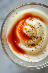 Hot sauce and seasoned pepper are being added to the bowl containing the creamy sauce. A few drops of hot sauce create a swirling effect in the mixture, and flecks of pepper are visible across the surface. Hot sauce bottles and pepper containers sit nearby, all placed on a tidy white marble counter.