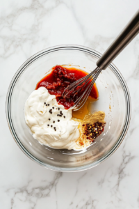 The glass bowl now contains a partly mixed creamy base of mayonnaise and sauces, with additional bold ingredients like Louisiana-style hot sauce, Worcestershire sauce, salt, ground black pepper, chili powder, and minced garlic. This top-down image focuses on the flavor-enhancing step that brings in spicy, savory, and aromatic tones. The scene remains simple and clean with a consistent white marble background.